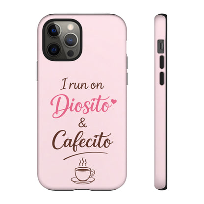 I Run on Diosito y Cafecito Phone Case, Pink Aesthetic Latina Faith Coffee Case, Girly Protective iPhone Samsung Cover