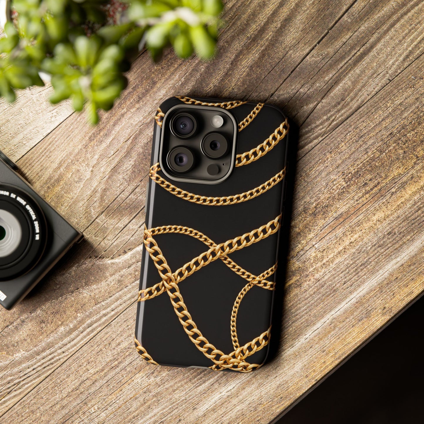 Luxury Gold Chain Phone Case – Black Designer Style Tough Protective Cover for Iphone, Samsung Galaxy and Pixel