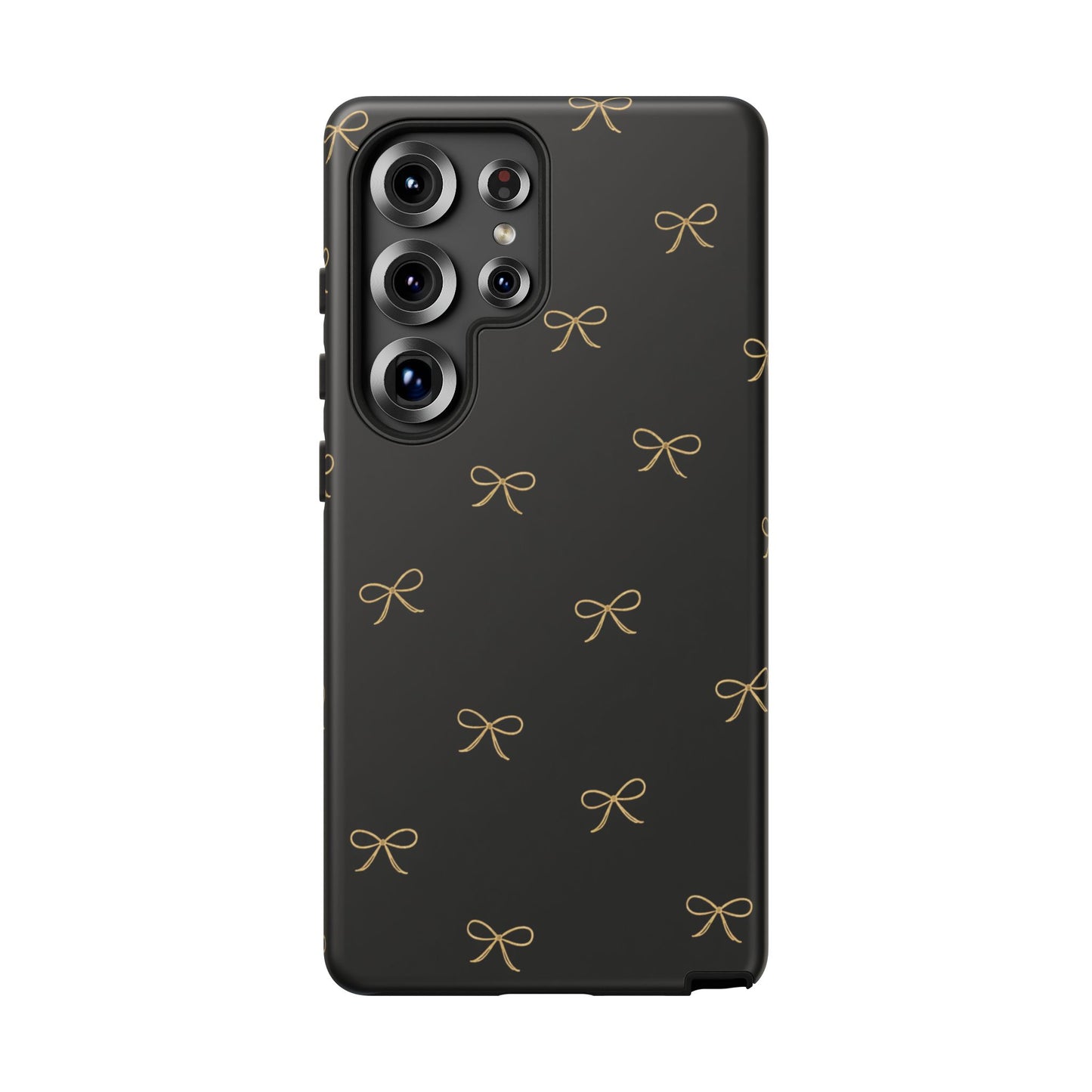 Black Phone Case with Gold Bow Pattern – Slim Protective Cute Aesthetic Cover for Iphone, Samsung Galaxy and Pixel