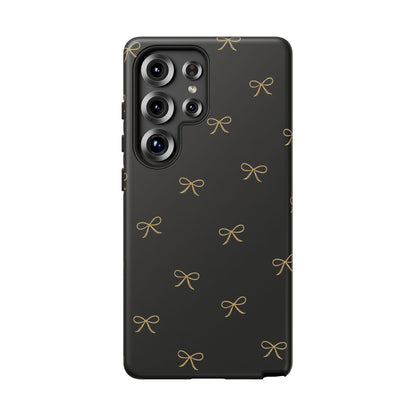 Black Phone Case with Gold Bow Pattern – Slim Protective Cute Aesthetic Cover for Iphone, Samsung Galaxy and Pixel