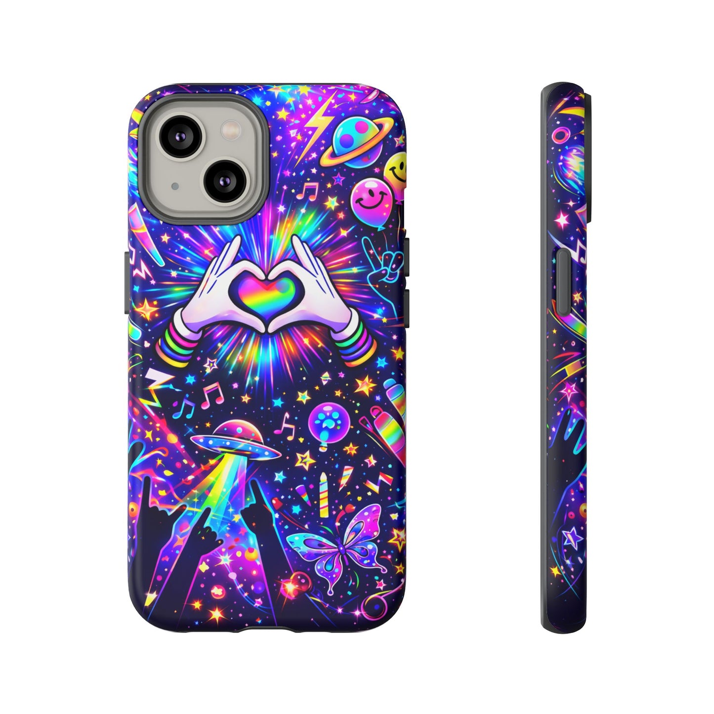 Rainbow Heart Hands Phone Case – Neon Galaxy EDM Festival Tough Cover