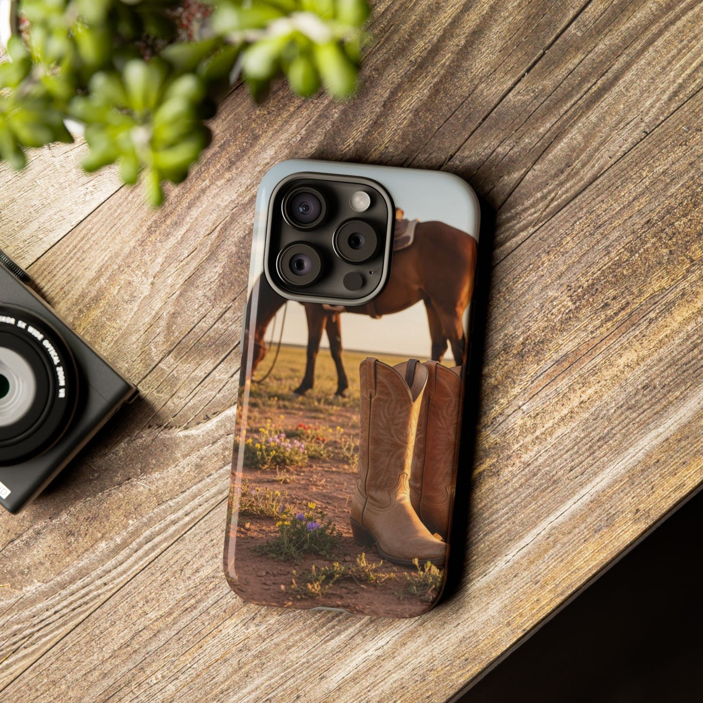 Western Cowboy Boots Phone Case – Rustic Horse Sunset Tough Case (iPhone, Samsung, Pixel)