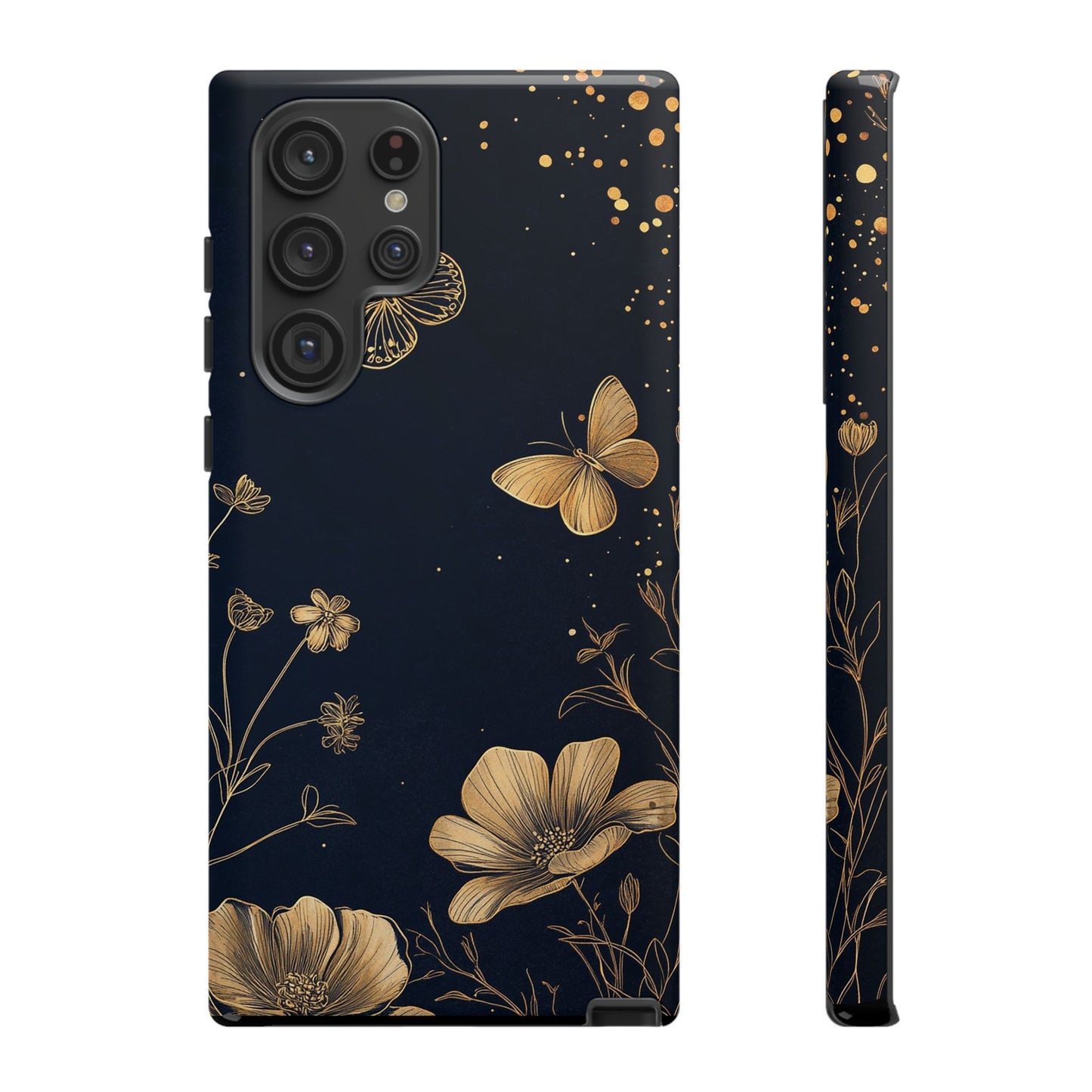 Gold Floral Butterfly Phone Case, Dark Aesthetic Botanical, Elegant Black Luxury iPhone Samsung Cover