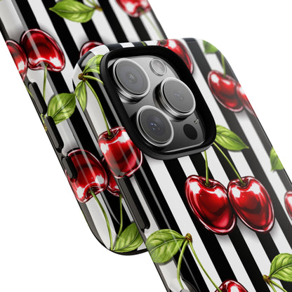 Cherry Pattern Phone Case Black White Stripe Retro Aesthetic Tough Cover