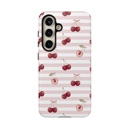 Pink Cherry Stripe Phone Case | Cute Coquette Aesthetic Protective Tough Case