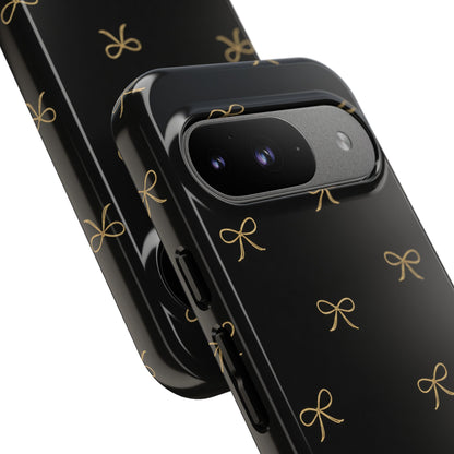 Black Phone Case with Gold Bow Pattern – Slim Protective Cute Aesthetic Cover for Iphone, Samsung Galaxy and Pixel