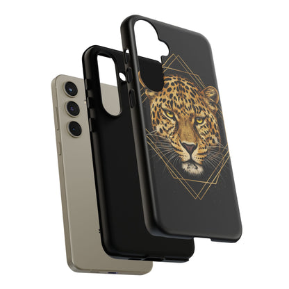Leopard Head Geometric Phone Case – Black & Gold Luxe Tough Case
