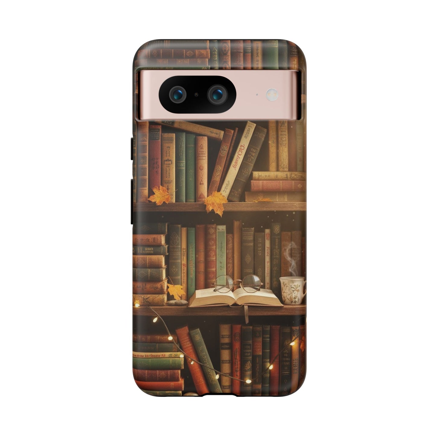 Cozy Vintage Bookshelf Phone Case, Library Aesthetic Book Stack, Autumn Coffee Vibes (iPhone, Samsung, Pixel)