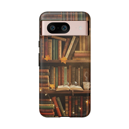 Cozy Vintage Bookshelf Phone Case, Library Aesthetic Book Stack, Autumn Coffee Vibes (iPhone, Samsung, Pixel)