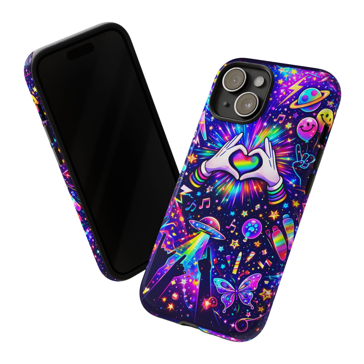 Rainbow Heart Hands Phone Case – Neon Galaxy EDM Festival Tough Cover
