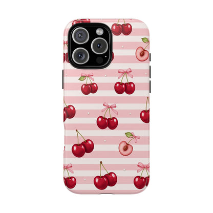 Coquette Cherry Bow Phone Case | Cute Pink Aesthetic Cherry Pattern Tough Case for iPhone & Samsung