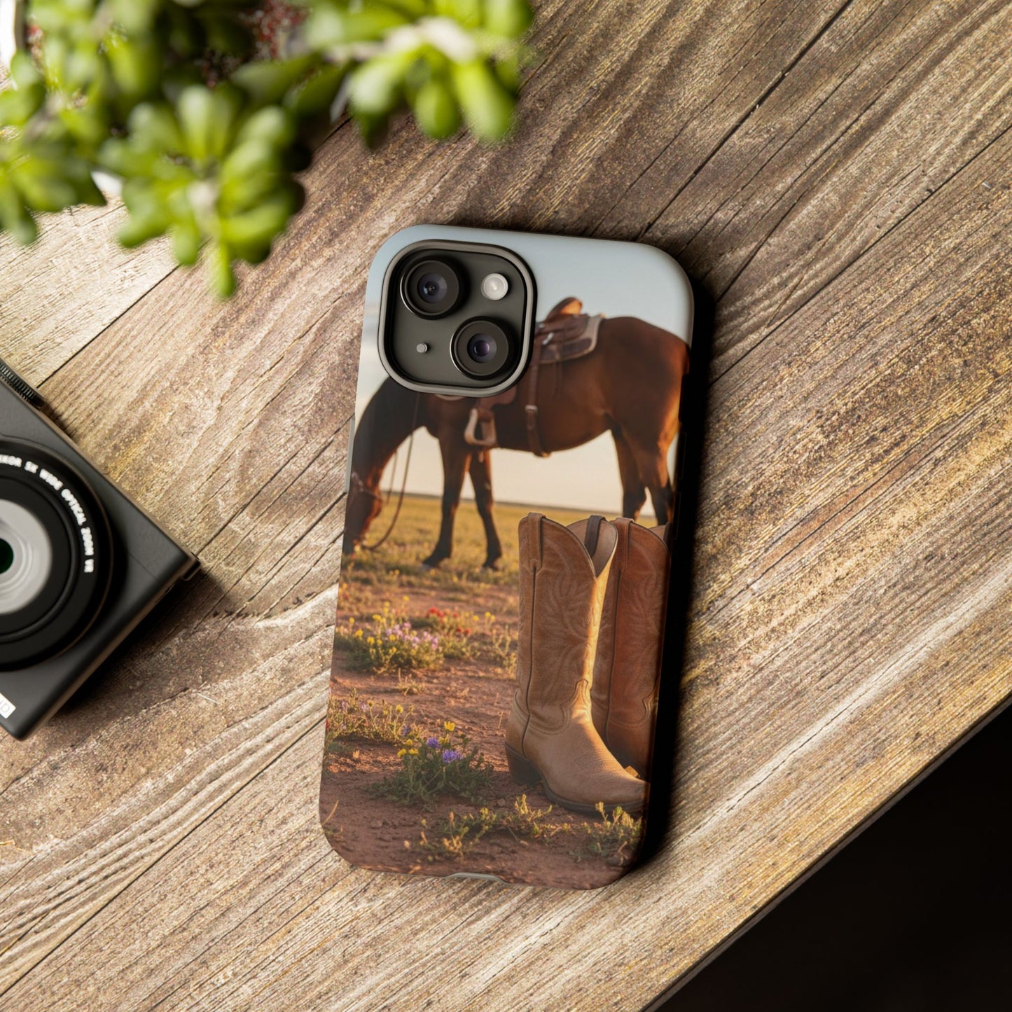 Western Cowboy Boots Phone Case – Rustic Horse Sunset Tough Case (iPhone, Samsung, Pixel)