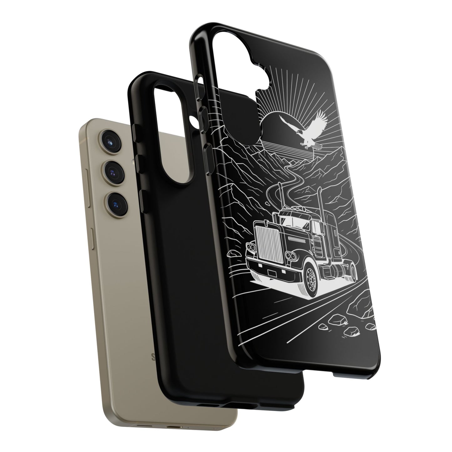 Trucker Highway Phone Case | Eagle & Mountain Line Art | Black Western Tough Case