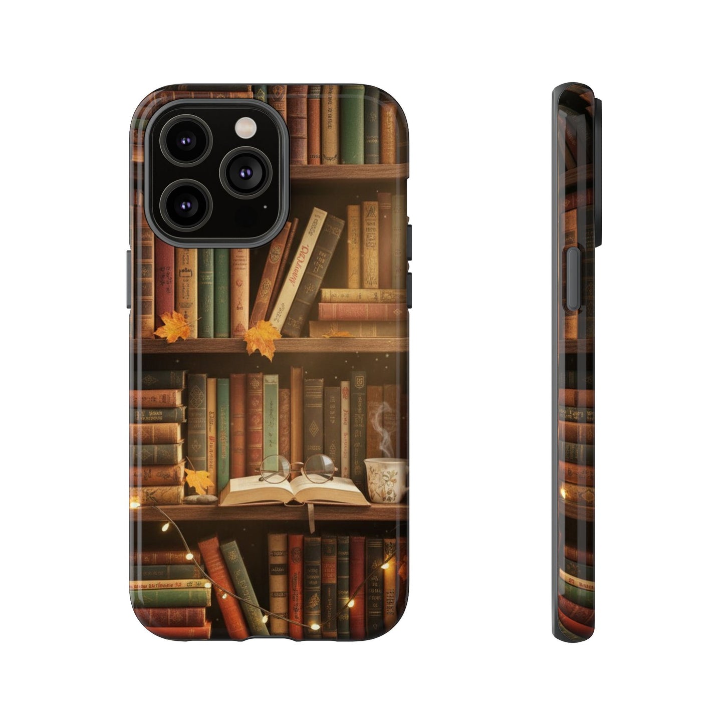 Cozy Vintage Bookshelf Phone Case, Library Aesthetic Book Stack, Autumn Coffee Vibes (iPhone, Samsung, Pixel)