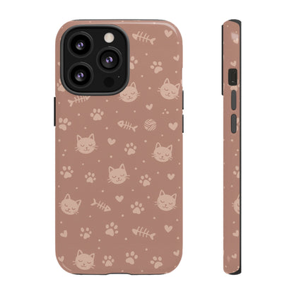 Cute Cat Pattern Phone Case | Paw Prints, Fishbone & Yarn Design Tough Case