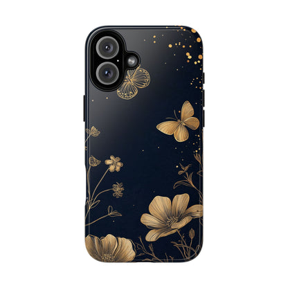 Gold Floral Butterfly Phone Case, Dark Aesthetic Botanical, Elegant Black Luxury iPhone Samsung Cover