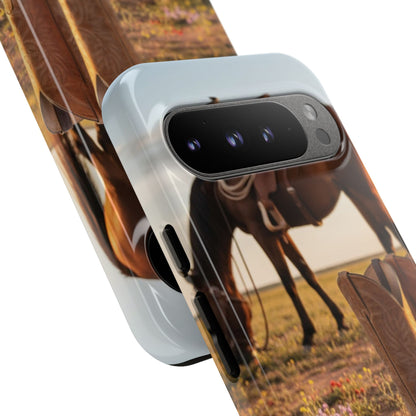 Western Cowboy Boots Phone Case – Rustic Horse Sunset Tough Case (iPhone, Samsung, Pixel)
