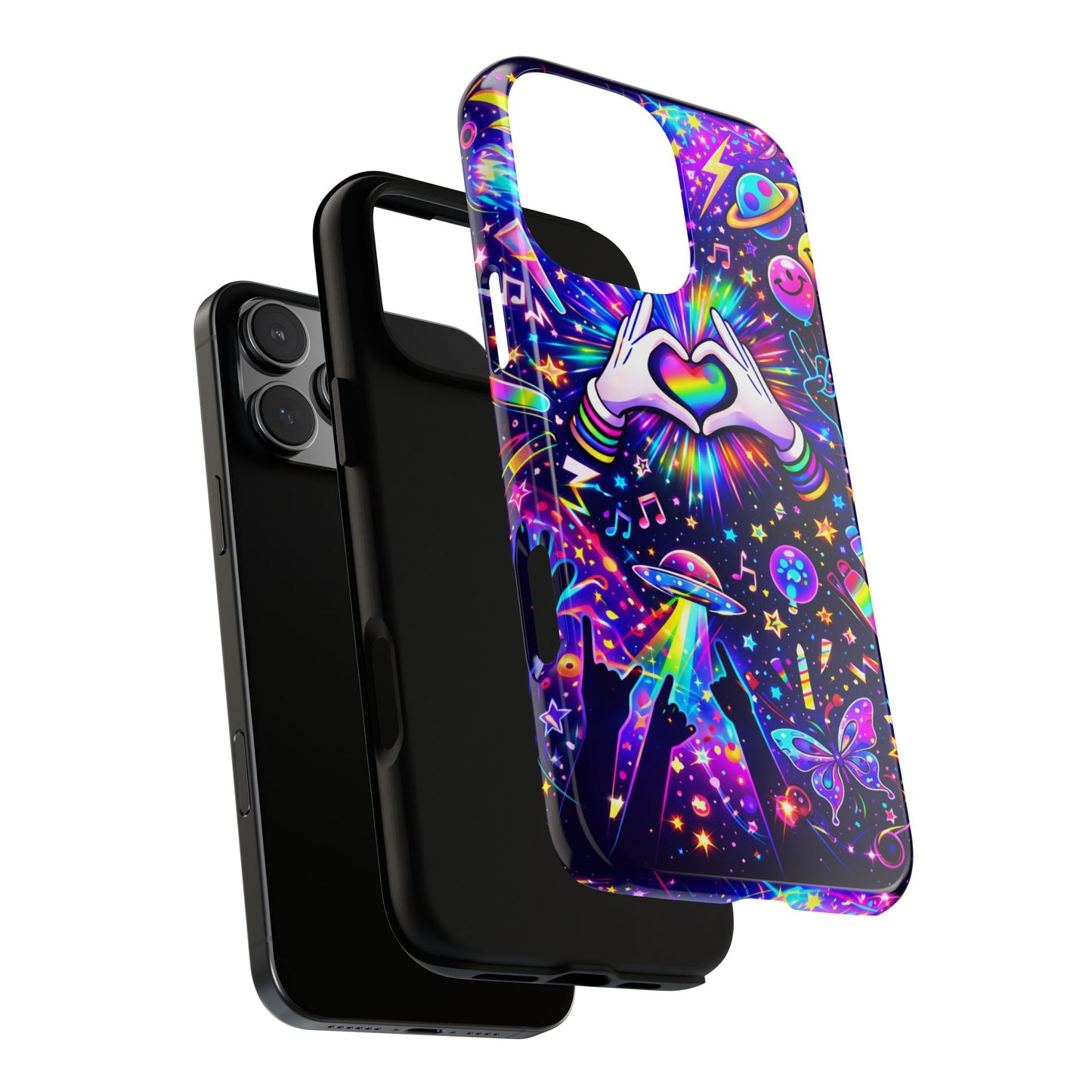 Rainbow Heart Hands Phone Case – Neon Galaxy EDM Festival Tough Cover