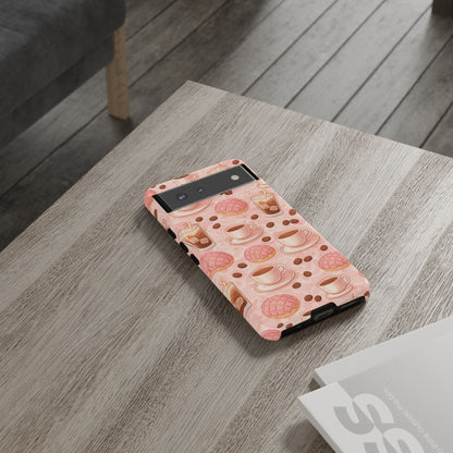 Cute Coffee & Pink Concha Phone Case – Coffee Lover Aesthetic Latte Pattern Tough Case
