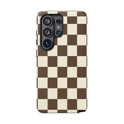 Mocha Checkerboard Phone Case | Neutral Aesthetic Checkered iPhone & Samsung Tough Case