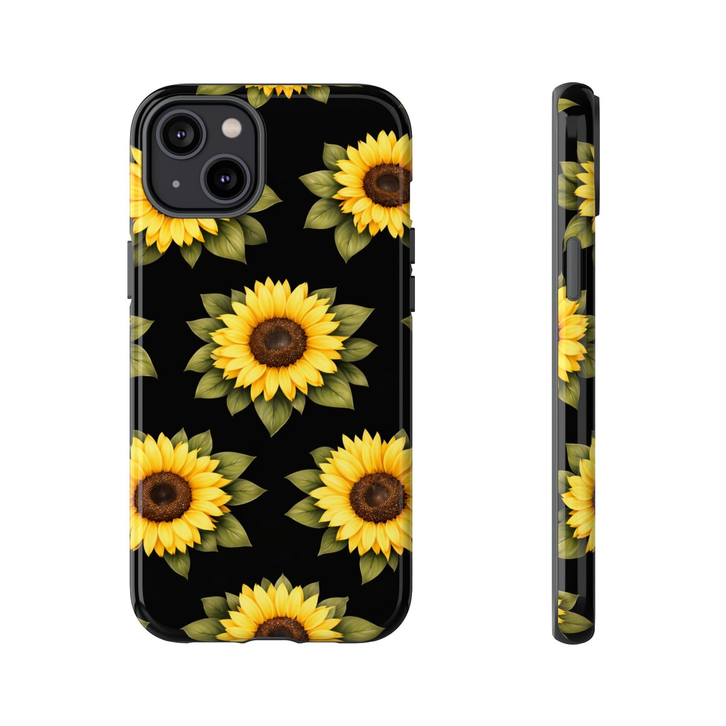 Sunflower Floral Tough Phone Case – Black Background Protective Cover for Iphone, Samsung Galaxy and Pixel