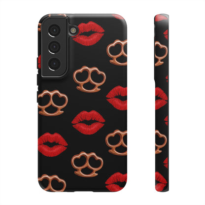 Red Lipstick & Knuckle Duster Phone Case | Bold Kiss Print Tough Protective Cover for Iphone, Samsung Galaxy and Pixel
