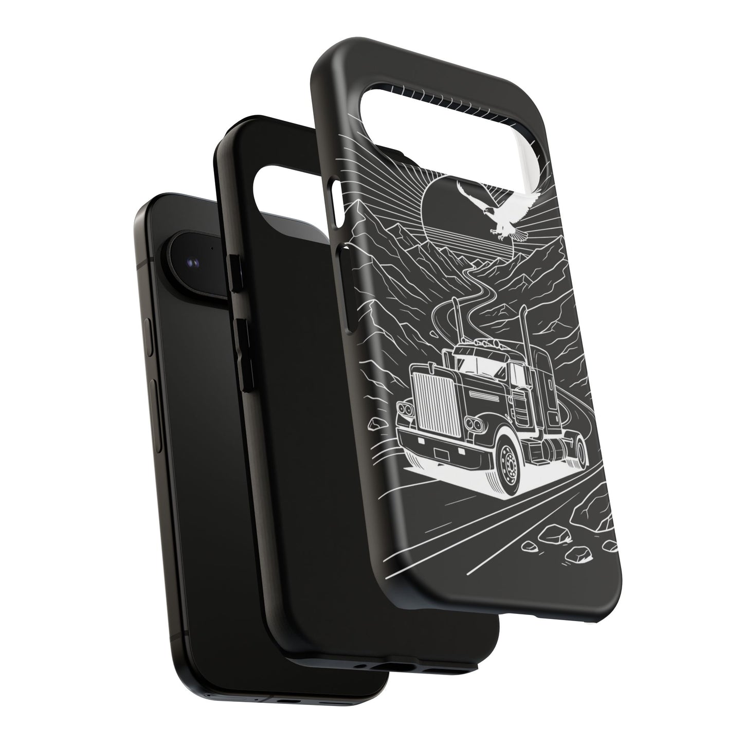 Trucker Highway Phone Case | Eagle & Mountain Line Art | Black Western Tough Case