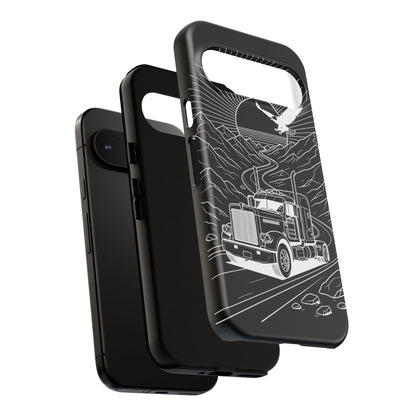 Trucker Highway Phone Case | Eagle & Mountain Line Art | Black Western Tough Case