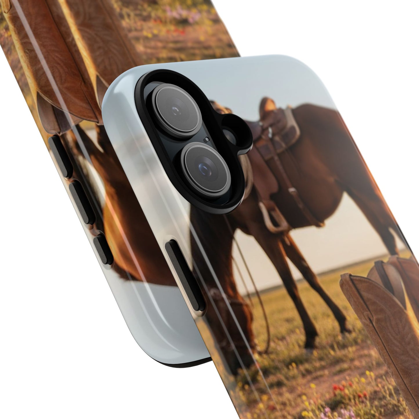 Western Cowboy Boots Phone Case – Rustic Horse Sunset Tough Case (iPhone, Samsung, Pixel)