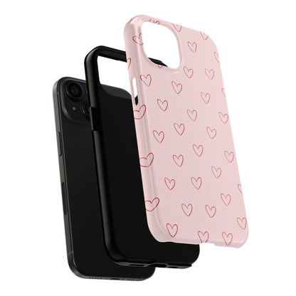 Pink Doodle Hearts Phone Case | Minimal Cute Heart Pattern Tough Case
