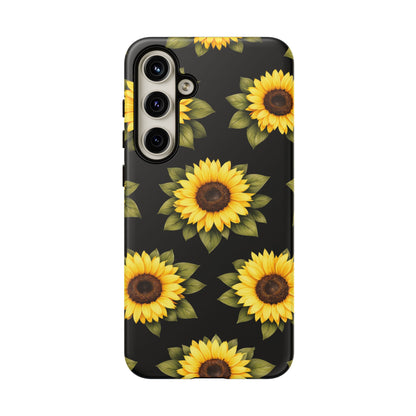 Sunflower Floral Tough Phone Case – Black Background Protective Cover for Iphone, Samsung Galaxy and Pixel