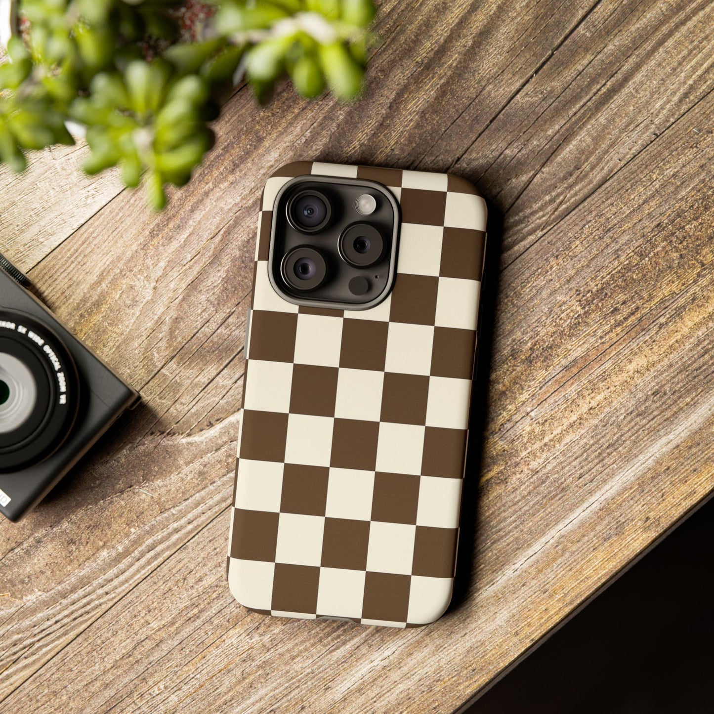 Mocha Checkerboard Phone Case | Neutral Aesthetic Checkered iPhone & Samsung Tough Case