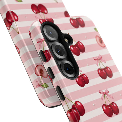 Coquette Cherry Bow Phone Case | Cute Pink Aesthetic Cherry Pattern Tough Case for iPhone & Samsung
