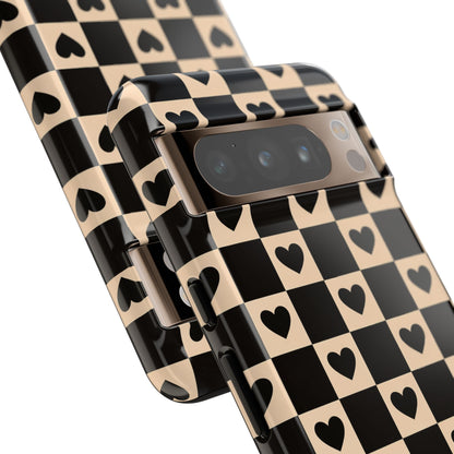 Checkerboard Heart Phone Case – Black & Beige Cute Aesthetic Protective Cover for Iphone, Samsung Galaxy and Pixel