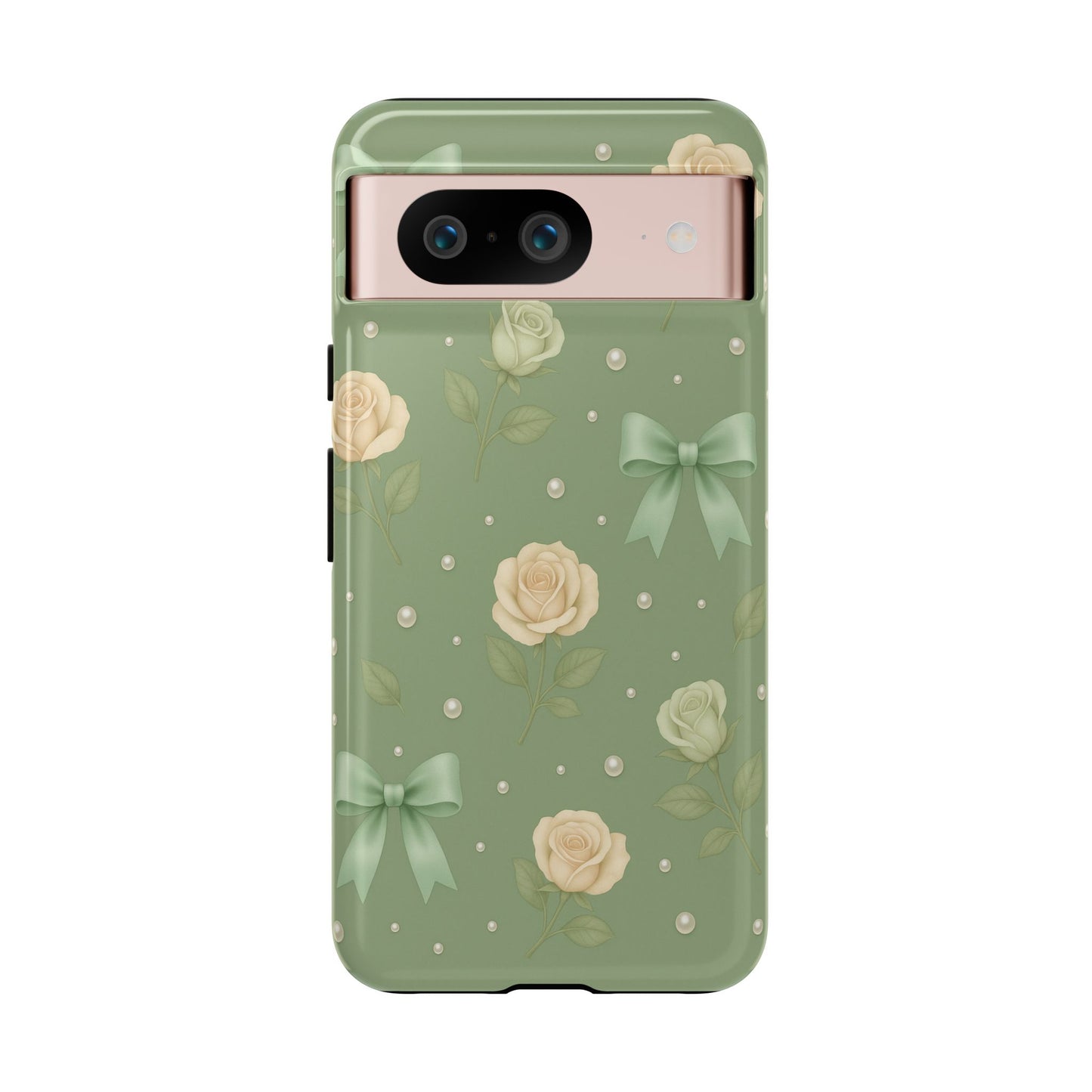 Vintage Rose Bow Phone Case – Sage Green Floral Coquette Aesthetic Tough Case (iPhone, Samsung, Pixel)