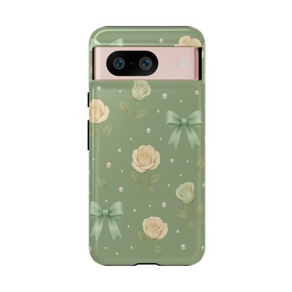 Vintage Rose Bow Phone Case – Sage Green Floral Coquette Aesthetic Tough Case (iPhone, Samsung, Pixel)