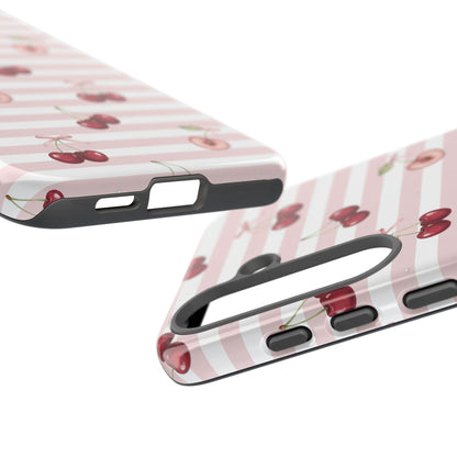 Pink Cherry Stripe Phone Case | Cute Coquette Aesthetic Protective Tough Case