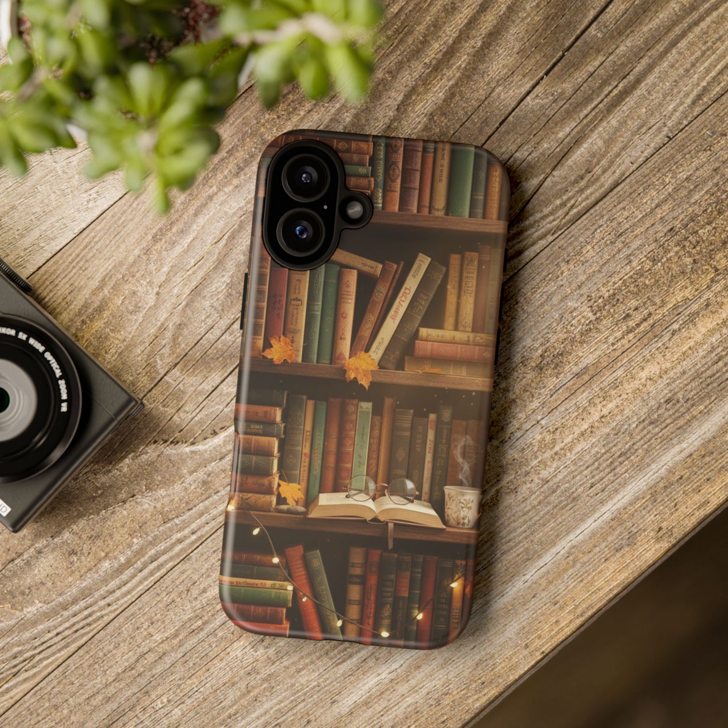 Cozy Vintage Bookshelf Phone Case, Library Aesthetic Book Stack, Autumn Coffee Vibes (iPhone, Samsung, Pixel)