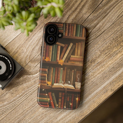 Cozy Vintage Bookshelf Phone Case, Library Aesthetic Book Stack, Autumn Coffee Vibes (iPhone, Samsung, Pixel)