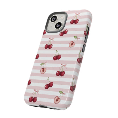 Pink Cherry Stripe Phone Case | Cute Coquette Aesthetic Protective Tough Case