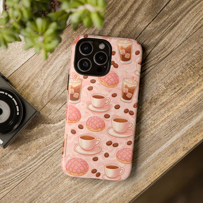 Cute Coffee & Pink Concha Phone Case – Coffee Lover Aesthetic Latte Pattern Tough Case