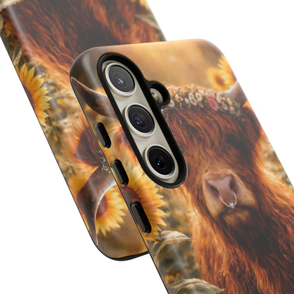 Highland Cow Sunflower Phone Case | Floral Farmhouse iPhone, Samsung Galaxy and Pixel Cover