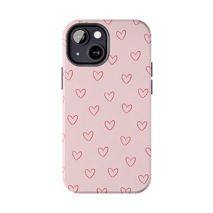 Pink Doodle Hearts Phone Case | Minimal Cute Heart Pattern Tough Case