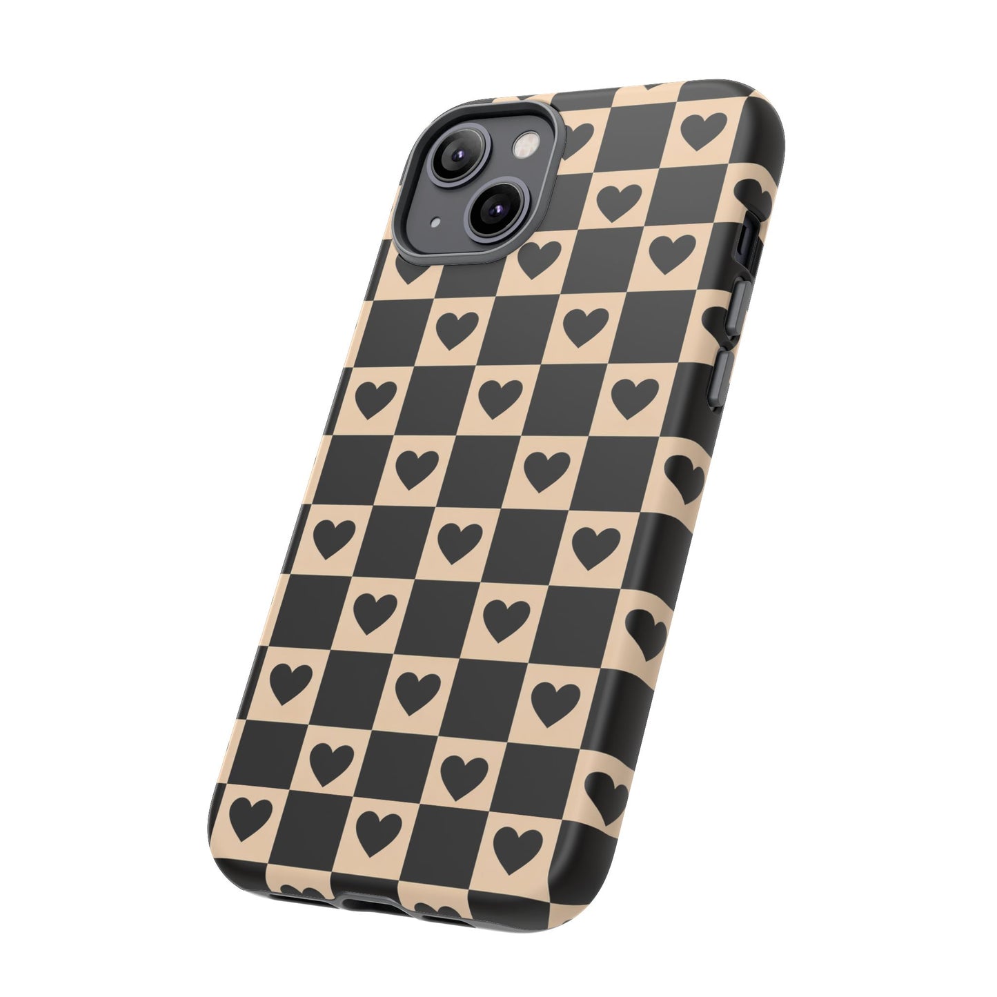 Checkerboard Heart Phone Case – Black & Beige Cute Aesthetic Protective Cover for Iphone, Samsung Galaxy and Pixel