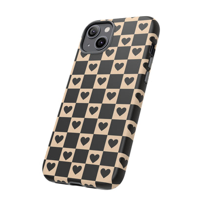 Checkerboard Heart Phone Case – Black & Beige Cute Aesthetic Protective Cover for Iphone, Samsung Galaxy and Pixel