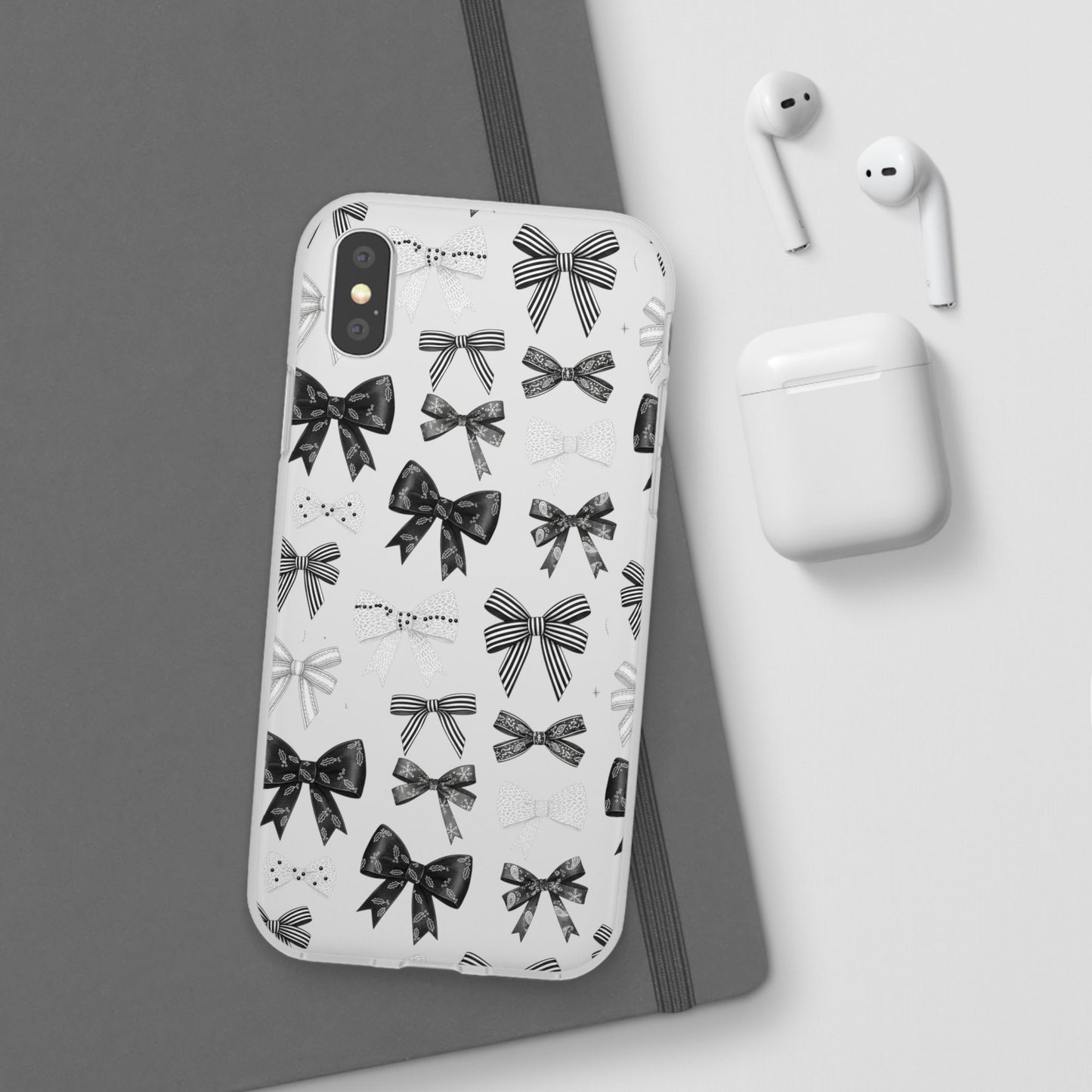 Black & White Bow Pattern Phone Case | Minimal Coquette Flexi Case