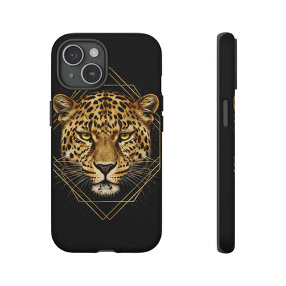 Leopard Head Geometric Phone Case – Black & Gold Luxe Tough Case