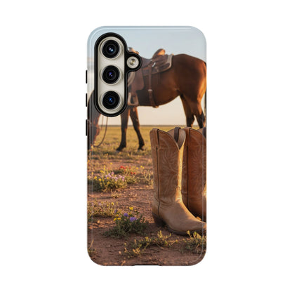 Western Cowboy Boots Phone Case – Rustic Horse Sunset Tough Case (iPhone, Samsung, Pixel)