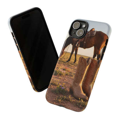 Western Cowboy Boots Phone Case – Rustic Horse Sunset Tough Case (iPhone, Samsung, Pixel)