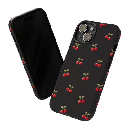 Cherry Pattern Phone Case — Slim Black Protective iPhone Case with Red Cherries for Iphone, Samsung Galaxy and Pixel